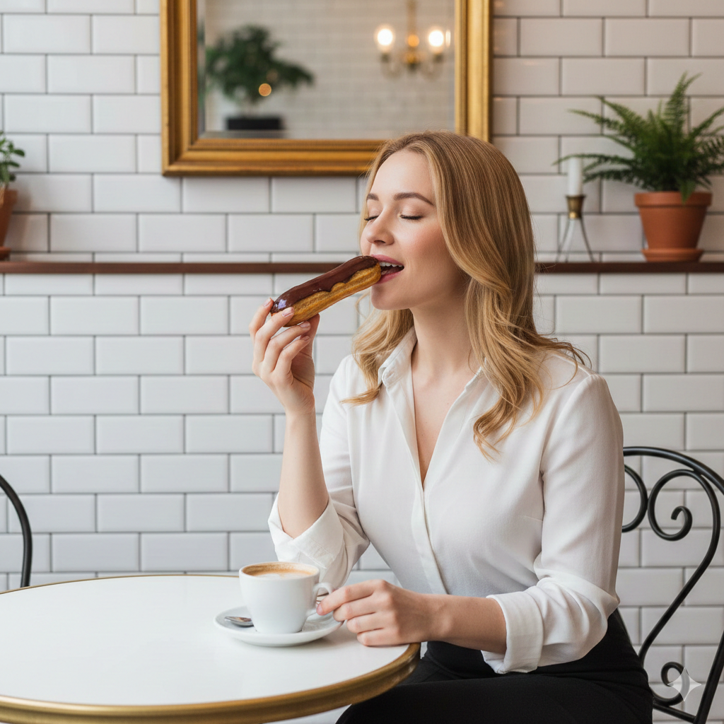 Elegant blonde woman enjoying an éclair in a Parisian cafe